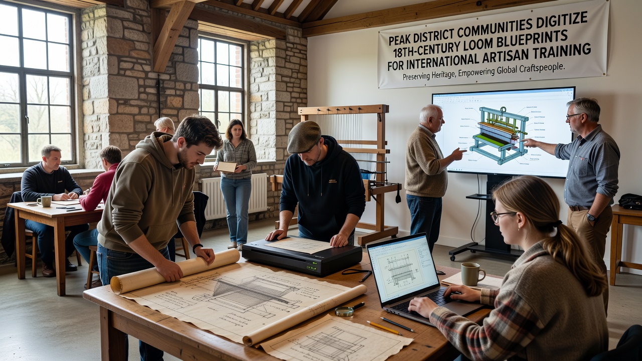 International artisans reviewing digital loom blueprints during an online training session