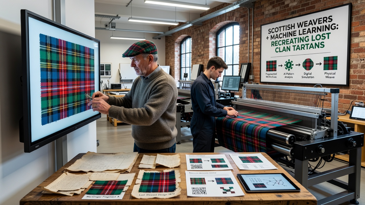 Close-up of a reconstructed tartan fabric sample next to its digital pattern output on a tablet